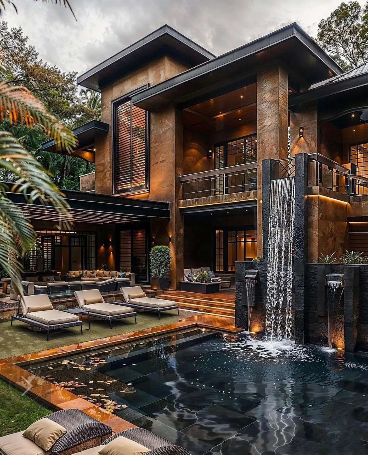 Villa de luxe avec cascade et éclairage d'ambiance